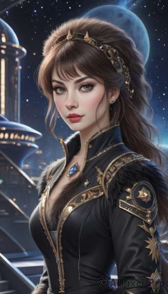 1girl,solo,long hair,breasts,looking at viewer,bangs,brown hair,long sleeves,cleavage,jewelry,medium breasts,closed mouth,green eyes,jacket,upper body,hairband,earrings,sky,artist name,signature,necklace,mole,lips,grey eyes,fur trim,mole under eye,makeup,night,moon,lipstick,gem,instrument,star (sky),night sky,full moon,starry sky,freckles,nose,red lips,dress,outdoors,eyelashes,tiara,fur collar,high collar,realistic