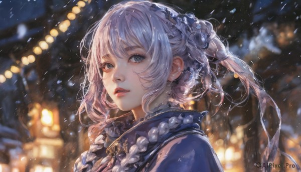 1girl,solo,long hair,looking at viewer,bangs,blue eyes,hair ornament,jewelry,upper body,braid,flower,white hair,grey hair,earrings,outdoors,parted lips,teeth,hair flower,necklace,blurry,twin braids,from side,lips,looking to the side,grey eyes,eyelashes,night,depth of field,blurry background,portrait,snow,snowing,nose,bokeh,ribbon,sidelocks,hairband,frills,light particles,realistic,red lips,winter