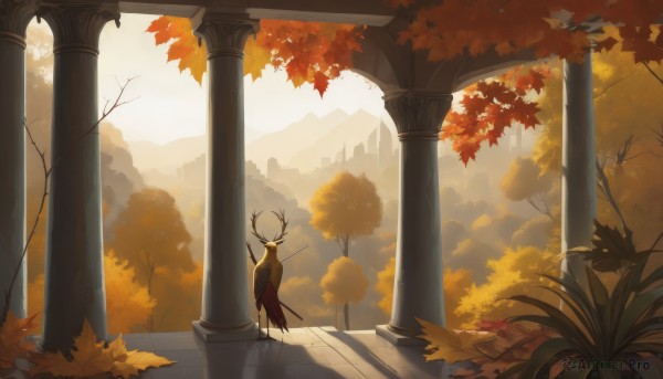 solo,1boy,holding,standing,weapon,male focus,outdoors,day,sword,from behind,holding weapon,tree,leaf,holding sword,polearm,nature,scenery,1other,forest,facing away,autumn leaves,antlers,maple leaf,pillar,autumn,ambiguous gender,column,deer,1girl,cape,plant,staff,spear,arch