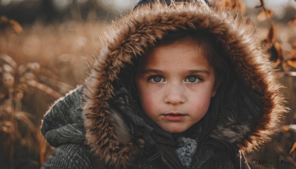 1girl,solo,looking at viewer,short hair,brown hair,black hair,brown eyes,closed mouth,upper body,solo focus,hood,blurry,lips,coat,grey eyes,fur trim,depth of field,blurry background,portrait,hood up,realistic,nose,signature,close-up,freckles,winter clothes