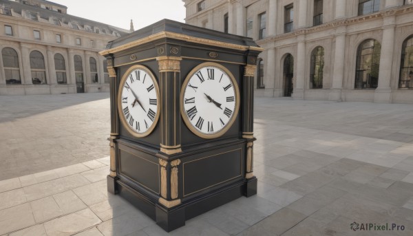 outdoors,sky,day,no humans,window,shadow,sunlight,building,scenery,stairs,door,clock,road,street,tower,roman numeral,church,clock tower,cloud,signature,architecture,pavement,analog clock