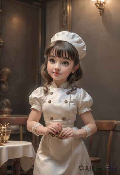 1girl,solo,long hair,looking at viewer,smile,bangs,brown hair,hat,dress,brown eyes,closed mouth,standing,short sleeves,cowboy shot,puffy sleeves,indoors,medium hair,nail polish,white dress,blurry,apron,puffy short sleeves,lips,wrist cuffs,maid,maid headdress,buttons,chair,table,realistic,breasts,short hair,black hair,jewelry,earrings,parted lips,black eyes,cup,blurry background,own hands together,lace trim,lace,nose,red lips,double-breasted,lamp