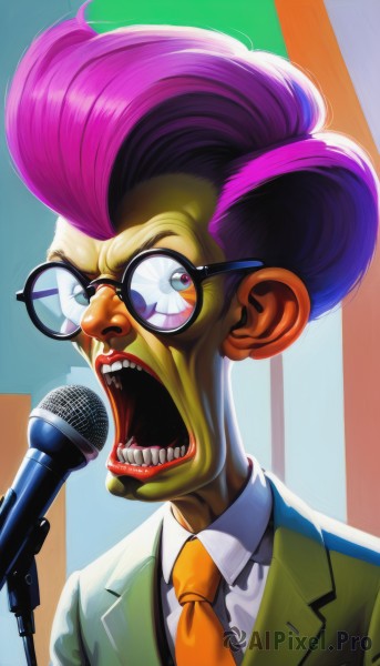 solo,open mouth,shirt,1boy,jacket,white shirt,upper body,pink hair,purple hair,male focus,multicolored hair,necktie,glasses,teeth,tongue,collared shirt,colored skin,parody,formal,suit,portrait,microphone,black-framed eyewear,nose,round eyewear,music,singing,yellow necktie,microphone stand,looking at viewer,short hair,blue eyes,artist name,lips,eyelashes,blazer,green jacket,realistic,lapels