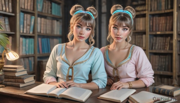 breasts,looking at viewer,smile,bangs,blue eyes,multiple girls,brown hair,shirt,ribbon,2girls,cleavage,brown eyes,jewelry,medium breasts,sitting,closed mouth,collarbone,white shirt,upper body,hairband,earrings,artist name,indoors,hair bun,mole,blurry,bracelet,lips,book,eyelashes,double bun,depth of field,blurry background,siblings,table,single hair bun,blue shirt,plant,sisters,desk,twins,paper,open book,realistic,nose,bookshelf,pen,bangle,lamp,blue hairband,book stack,library,quill,blush,blonde hair,parted lips