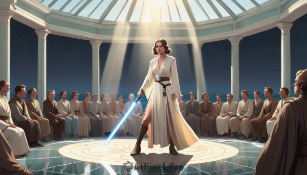 1girl,short hair,multiple girls,brown hair,black hair,sitting,standing,weapon,boots,multiple boys,sky,sword,hair bun,sash,facial hair,single hair bun,star (sky),starry sky,6+boys,robe,bald,magic circle,pillar,energy sword,tunic,column,lightsaber,looking at viewer,dress,holding,belt,holding weapon,beard,science fiction,realistic,animification,white robe