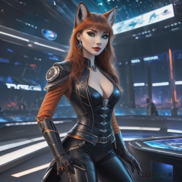 1girl,solo,long hair,breasts,looking at viewer,bangs,blue eyes,large breasts,brown hair,gloves,long sleeves,animal ears,cleavage,jewelry,medium breasts,standing,jacket,cowboy shot,earrings,black gloves,belt,pants,indoors,cat ears,orange hair,mole,blurry,lips,fox ears,bodysuit,makeup,blurry background,black pants,lipstick,gem,contrapposto,red lips,leather,red hair,necklace,armor,fox tail,fox girl,realistic,black bodysuit