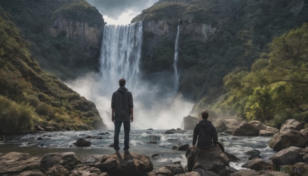 brown hair, shirt, sitting, standing, male focus, outdoors, multiple boys, sky, pants, cloud, hood, 2boys, water, from behind, tree, nature, scenery, rock, waterfall