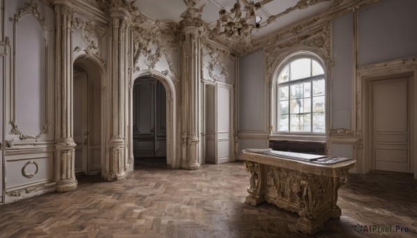 day,indoors,tree,no humans,window,table,sunlight,plant,scenery,wooden floor,stairs,door,architecture,pillar,carpet,church,arch,candlestand,chandelier,column,chair,reflection,candle,painting (object),reflective floor