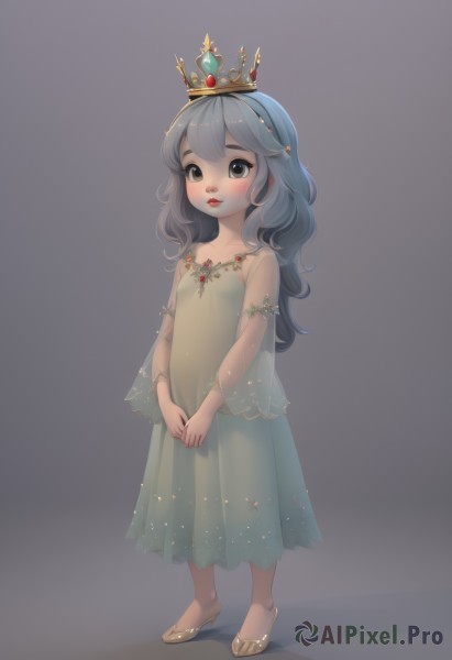 1girl,solo,long hair,looking at viewer,blush,simple background,long sleeves,dress,brown eyes,jewelry,standing,full body,grey hair,grey background,black eyes,flat chest,lips,see-through,sandals,own hands together,crown,gem,child,green dress,female child,bangs,blue eyes,blue hair,hairband,shoes,artist name,high heels,grey eyes,wavy hair,red lips