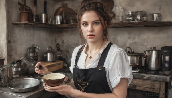 1girl,solo,looking at viewer,brown hair,shirt,holding,brown eyes,jewelry,white shirt,upper body,short sleeves,parted lips,indoors,necklace,apron,cup,lips,bowl,realistic,coffee,cooking,kitchen,black apron,blue eyes,food,nail polish,makeup,spoon,counter