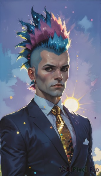 solo,looking at viewer,shirt,1boy,brown eyes,jewelry,closed mouth,blue hair,jacket,white shirt,upper body,pink hair,male focus,multicolored hair,earrings,necktie,sky,collared shirt,artist name,black eyes,two-tone hair,lips,watermark,piercing,formal,suit,realistic,sun,yellow necktie,mohawk,scar,dark-skinned male,spiked hair