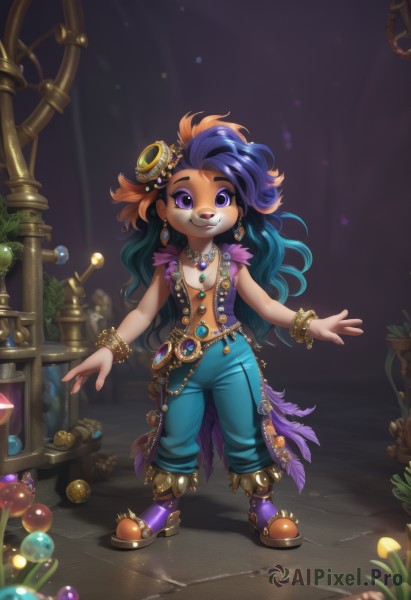 1girl,solo,long hair,breasts,looking at viewer,smile,hair ornament,cleavage,jewelry,blue hair,standing,purple eyes,full body,purple hair,multicolored hair,earrings,boots,green hair,pants,artist name,necklace,orange hair,bracelet,two-tone hair,gradient hair,makeup,thick eyebrows,feathers,gem,child,pendant,beads,bangle,purple footwear,open hands,green gemstone,pointy footwear,open mouth,shirt,black hair,navel,medium breasts,very long hair,collarbone,flower,small breasts,parted lips,open clothes,shoes,teeth,mole,grin,blurry,vest,high heels,mole under eye,no bra,wavy hair,happy,outstretched arms,plant,light particles,furry,asymmetrical hair,wooden floor,blue pants,potted plant,feather hair ornament,animal nose,open vest,blue gemstone,puffy pants