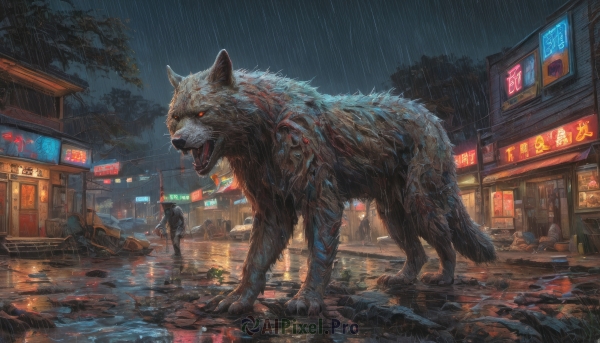 open mouth,red eyes,standing,jacket,weapon,outdoors,multiple boys,sky,teeth,tree,wet,gun,blood,night,glowing,animal,fangs,ground vehicle,building,night sky,scenery,glowing eyes,motor vehicle,claws,rain,monster,dog,city,sign,car,road,police,street,wolf,neon lights,no humans,oversized animal,trash bag