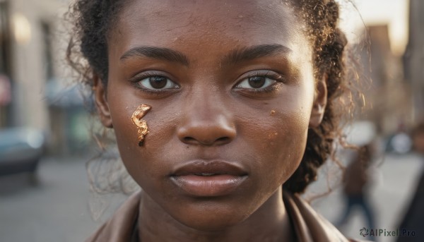 solo,looking at viewer,short hair,brown hair,black hair,1boy,brown eyes,male focus,parted lips,solo focus,dark skin,blurry,black eyes,dark-skinned female,lips,depth of field,blurry background,dark-skinned male,child,portrait,freckles,curly hair,realistic,very dark skin,dreadlocks,teeth,bandaid,close-up,bandaid on face,dirty,dirty face,afro