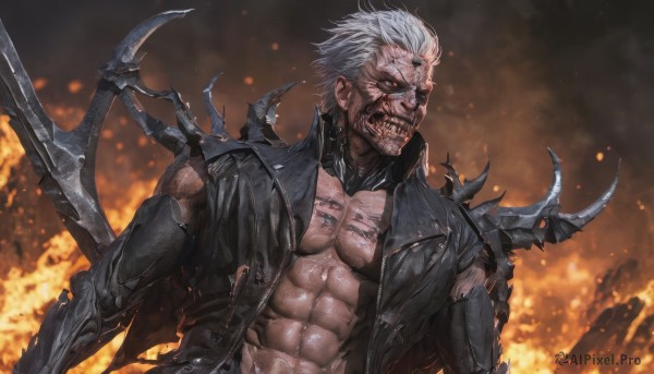 solo,looking at viewer,short hair,red eyes,1boy,jacket,yellow eyes,upper body,weapon,white hair,grey hair,male focus,open clothes,teeth,armor,open jacket,black jacket,torn clothes,muscular,glowing,scar,abs,fire,pectorals,muscular male,glowing eyes,spikes,colored sclera,veins,black sclera,manly,bare pectorals,white eyes,cyborg,embers,torn jacket,navel,looking to the side,blood,sharp teeth,clenched teeth,stitches,demon,scratches