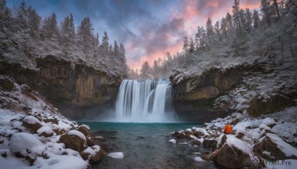 1girl, solo, outdoors, sky, cloud, water, tree, nature, scenery, forest, rock, mountain, river, waterfall, landscape