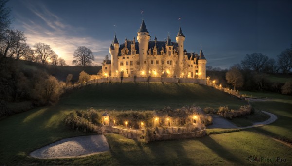 HQ,outdoors,sky,cloud,tree,blue sky,no humans,grass,building,nature,scenery,forest,sunset,mountain,fantasy,road,candle,field,bridge,bare tree,river,castle,tower,landscape,path,church,day,water,night,cloudy sky,night sky,bush,lake