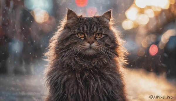 looking at viewer, outdoors, blurry, no humans, depth of field, blurry background, animal, cat, snowing, realistic, animal focus, bokeh