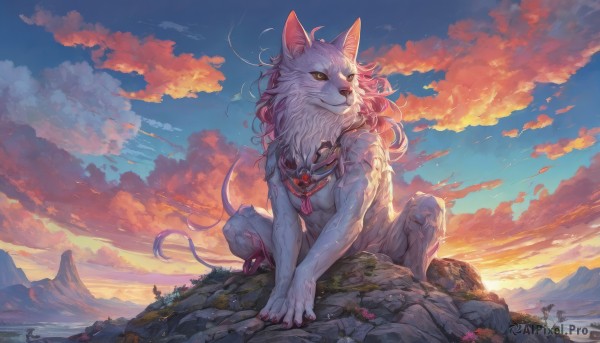 solo,jewelry,tail,yellow eyes,outdoors,sky,cloud,necklace,no humans,animal,squatting,cat,cloudy sky,scenery,furry,sunset,rock,mountain,mountainous horizon,cliff,1girl,long hair,smile,sitting,closed mouth,full body,signature,blue sky,looking to the side,heterochromia,claws,fantasy,twilight,sunrise