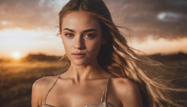 1girl,solo,long hair,looking at viewer,blonde hair,brown hair,dress,bare shoulders,brown eyes,collarbone,upper body,outdoors,sky,cloud,white dress,blurry,lips,blurry background,wind,sunset,realistic,nose,depth of field,sunlight,cloudy sky,portrait,dirty