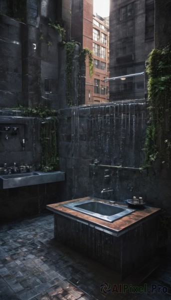 outdoors,day,water,tree,no humans,window,sunlight,plant,building,scenery,rain,water drop,city,door,ruins,puddle,sink,overgrown,faucet