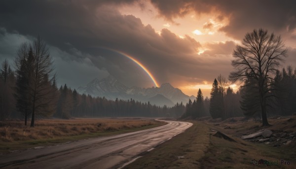 outdoors,sky,cloud,tree,no humans,sunlight,cloudy sky,grass,nature,scenery,forest,sunset,mountain,sun,road,rainbow,bare tree,landscape,path