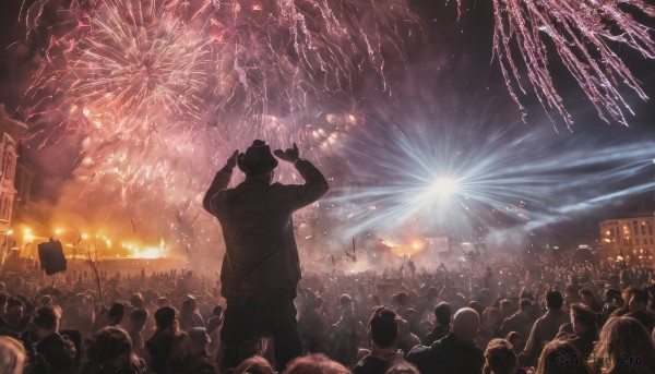 multiple girls,1boy,outdoors,multiple boys,sky,solo focus,from behind,arms up,night,6+girls,building,night sky,scenery,6+boys,city,sign,silhouette,light,cityscape,fireworks,crowd,aerial fireworks,people,concert,audience,long hair,short hair,hat,japanese clothes,cloud,fire,waving,flag,dark,festival