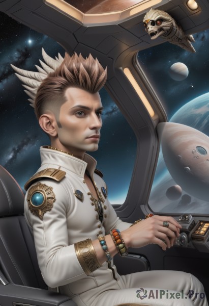 solo,short hair,brown hair,1boy,brown eyes,jewelry,sitting,male focus,sky,signature,necklace,bracelet,lips,ring,robot,star (sky),starry sky,science fiction,watch,realistic,white pants,nose,wristwatch,space,planet,earth (planet),spacecraft,cockpit,galaxy,blue eyes,blonde hair,uniform,military,military uniform,spiked hair,alien,mohawk