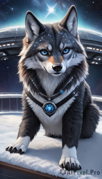 solo,looking at viewer,blue eyes,jewelry,full body,outdoors,sky,no humans,night,animal,brooch,gem,star (sky),night sky,snow,starry sky,dog,realistic,space,animal focus,signature,necklace,pendant,planet,wolf