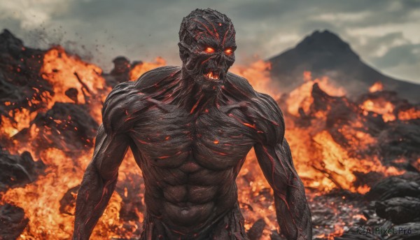 solo, open mouth, red eyes, 1boy, male focus, outdoors, sky, teeth, muscular, glowing, abs, fire, glowing eyes, monster, mountain, molten rock