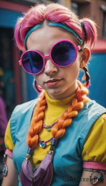 1girl,solo,long hair,breasts,looking at viewer,smile,shirt,twintails,jewelry,closed mouth,upper body,pink hair,braid,short sleeves,multicolored hair,hairband,earrings,glasses,tongue,tongue out,necklace,orange hair,blurry,vest,twin braids,two-tone hair,sweater,lips,gradient hair,makeup,blurry background,turtleneck,sunglasses,lipstick,yellow shirt,realistic,nose,hair tie,overalls,tinted eyewear,yellow sweater,multiple braids,pink-tinted eyewear,purple-tinted eyewear,hair over shoulder,pink-framed eyewear,purple-framed eyewear