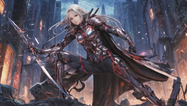 1girl,solo,long hair,breasts,looking at viewer,blue eyes,red eyes,holding,weapon,white hair,outdoors,sky,sword,cape,holding weapon,armor,grey eyes,dutch angle,bodysuit,night,holding sword,shoulder armor,gauntlets,building,science fiction,pauldrons,city,mechanical arms,cyborg,cyberpunk,blood,polearm,breastplate,armored boots,greaves