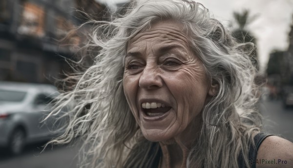 1girl,solo,long hair,looking at viewer,smile,open mouth,blue eyes,white hair,teeth,blurry,lips,depth of field,blurry background,ground vehicle,messy hair,portrait,motor vehicle,realistic,car,old,old woman,bare shoulders,grey hair,outdoors,old man,wrinkled skin