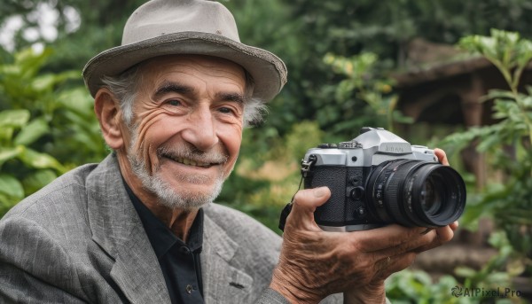 solo,looking at viewer,smile,blue eyes,shirt,1boy,hat,holding,jacket,upper body,white hair,grey hair,male focus,outdoors,necktie,day,collared shirt,blurry,tree,black shirt,depth of field,blurry background,facial hair,formal,thick eyebrows,suit,wing collar,beard,mature male,realistic,grey jacket,mustache,camera,manly,old,old man,grey headwear,holding camera,wrinkled skin,grin,grey eyes,scar,plant