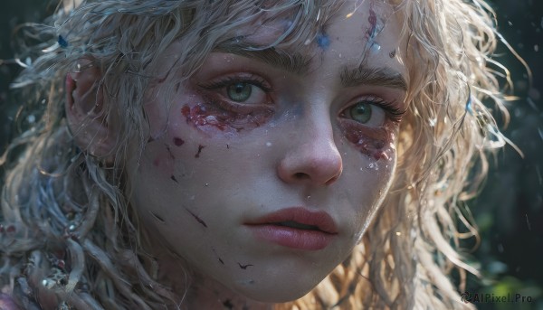 1girl,solo,long hair,looking at viewer,bangs,blonde hair,green eyes,parted lips,blurry,lips,wet,eyelashes,blood,depth of field,blurry background,wavy hair,messy hair,portrait,close-up,freckles,rain,water drop,blood on face,realistic,nose,wet hair,tears,sunlight,light particles,injury