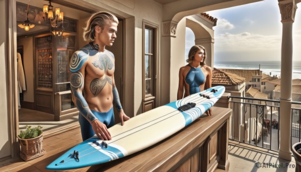 1girl,breasts,short hair,multiple girls,brown hair,1boy,navel,bare shoulders,medium breasts,swimsuit,multiple boys,sky,day,cloud,dark skin,water,bodysuit,tattoo,ocean,plant,building,potted plant,watercraft,statue,surfboard,jewelry,sitting,earrings,outdoors,indoors,window,facial hair,scenery,topless male,realistic,horizon,boat