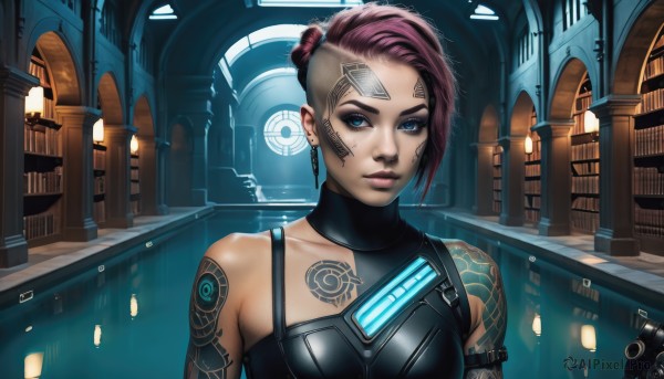 1girl,solo,breasts,looking at viewer,short hair,blue eyes,bare shoulders,jewelry,collarbone,upper body,pink hair,purple hair,earrings,artist name,lips,tattoo,makeup,watermark,science fiction,asymmetrical hair,nose,undercut,facial tattoo,cyborg,cyberpunk,alternate costume,stairs,eyeliner