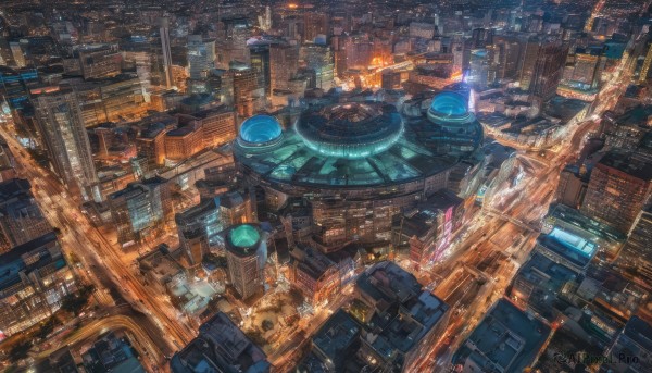 outdoors,sky,dutch angle,no humans,night,from above,building,scenery,science fiction,city,cityscape,bridge,skyscraper,city lights,lights,road