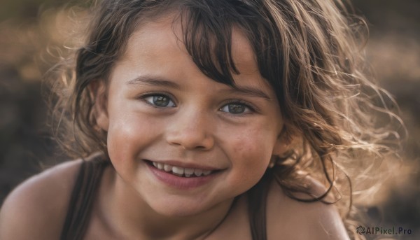 1girl,solo,long hair,looking at viewer,smile,open mouth,brown hair,bare shoulders,brown eyes,teeth,blurry,lips,depth of field,blurry background,tank top,portrait,freckles,realistic,bangs,:d,grin,messy hair,close-up,dirty