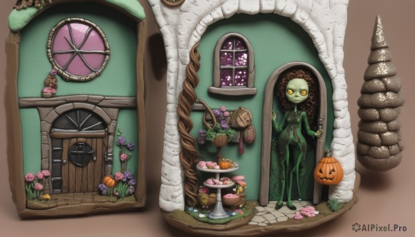 yellow eyes,flower,food,indoors,no humans,window,colored skin,plant,pink flower,halloween,monster,door,jack-o'-lantern,basket,pumpkin,green skin,1girl,solo,looking at viewer,monster girl,colored sclera,skull,mushroom,open door,doorway