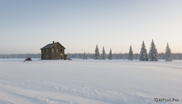 outdoors,sky,day,tree,military,no humans,window,ground vehicle,building,nature,scenery,motor vehicle,snow,forest,mountain,house,winter,bare tree,pine tree,water,landscape