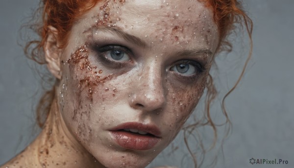 1girl,solo,looking at viewer,blue eyes,simple background,brown hair,parted lips,teeth,grey background,orange hair,lips,wet,grey eyes,eyelashes,portrait,freckles,realistic,nose,wet hair,short hair,red hair,blood,messy hair,close-up,blood on face,dirty