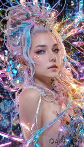 1girl,solo,long hair,breasts,looking at viewer,blue eyes,hair ornament,dress,bare shoulders,jewelry,medium breasts,blue hair,upper body,pink hair,white hair,multicolored hair,small breasts,parted lips,necklace,nail polish,blurry,from side,two-tone hair,lips,eyelashes,makeup,eyeshadow,crystal,nose,mascara,blonde hair,artist name,streaked hair,watermark,facial mark,gem,realistic