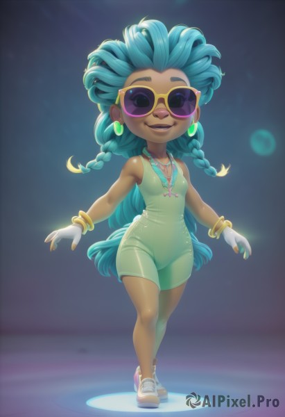 1girl,solo,long hair,breasts,looking at viewer,smile,open mouth,gloves,bare shoulders,jewelry,very long hair,blue hair,standing,collarbone,swimsuit,full body,braid,earrings,small breasts,shoes,teeth,shiny,artist name,white gloves,dark skin,fingerless gloves,necklace,nail polish,blurry,twin braids,bracelet,dark-skinned female,lips,one-piece swimsuit,aqua hair,makeup,sandals,sunglasses,thick eyebrows,forehead,walking,hoop earrings,bangle,tinted eyewear,big hair,yellow-framed eyewear,buck teeth,green one-piece swimsuit,purple-tinted eyewear,dress,parted lips,green hair,sleeveless,flat chest,gradient,watermark,white footwear,sneakers