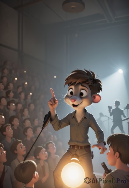 smile,short hair,open mouth,brown hair,shirt,1boy,animal ears,brown eyes,male focus,multiple boys,teeth,solo focus,belt,pants,black eyes,pointing,child,microphone,index finger raised,furry,6+boys,mouse ears,light,lamp,furry male,male child,microphone stand,crowd,whiskers,stage,spotlight,stage lights,buck teeth,people,concert,audience,holding,weapon,holding weapon,gun,glowing,holding gun,flashlight