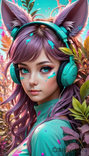 1girl,solo,long hair,looking at viewer,bangs,blue eyes,shirt,animal ears,closed mouth,green eyes,upper body,pink hair,purple hair,flower,outdoors,sky,day,artist name,signature,from side,aqua eyes,blue sky,lips,animal ear fluff,fox ears,eyelashes,makeup,swept bangs,turtleneck,headphones,leaf,watermark,facial mark,plant,lipstick,portrait,eyeshadow,freckles,pink lips,nose,green shirt,eyeliner,whisker markings,facepaint,mascara,paint splatter,paint,aqua shirt,splatter,breasts,medium breasts,rabbit ears,blurry,fake animal ears,wavy hair,blue shirt,web address,animal ear headphones