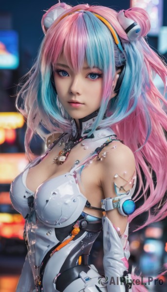 1girl,solo,long hair,breasts,looking at viewer,bangs,blue eyes,hair ornament,gloves,cleavage,bare shoulders,medium breasts,closed mouth,blue hair,upper body,pink hair,multicolored hair,hairband,detached sleeves,elbow gloves,artist name,hair bun,blurry,two-tone hair,lips,double bun,bodysuit,makeup,depth of field,blurry background,headgear,science fiction,realistic,jewelry,necklace,eyelashes,aqua hair,nose,android