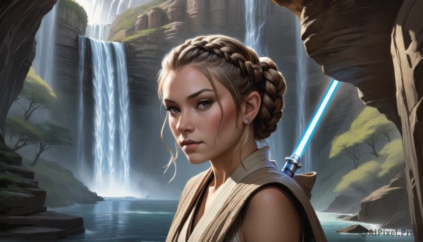 1girl,solo,looking at viewer,short hair,brown hair,brown eyes,jewelry,upper body,weapon,braid,earrings,sword,water,hair bun,tree,lips,single hair bun,science fiction,realistic,nose,waterfall,energy sword,lightsaber,blue eyes,blonde hair,outdoors,portrait