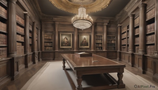 indoors,book,no humans,window,shadow,chair,table,scenery,stairs,bookshelf,pillar,statue,library,painting (object),chandelier,1girl,solo,black hair,1boy,candlestand,portrait (object)