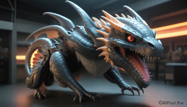 HQ,solo,open mouth,red eyes,tail,full body,wings,teeth,tongue,indoors,blurry,pokemon (creature),no humans,blurry background,fangs,sharp teeth,slit pupils,claws,spikes,colored sclera,monster,dragon,black sclera,scales,horns,dinosaur